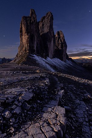The Tre Cime di Lavaredo, symbol of the Dolomites, taken from an unusual point of view on the Lavaredo pass, Italy, Europe